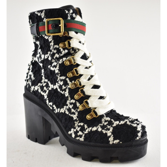 Gucci Black White GG Logo Tweed Lace Up Tie Block Heel Lug Sole Combat Boot 36.5 - Picture 4 of 16